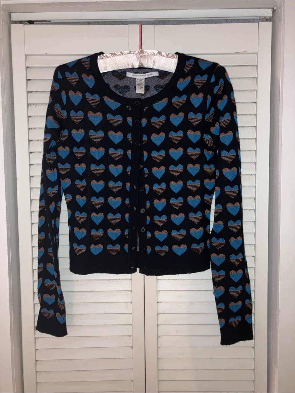 DVF Wool Black and Blue Heart Print Cardigan Size Small
